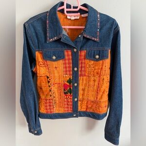 René Derhy Orange Blue Patchwork Beaded Denim Jacket Medium fits small